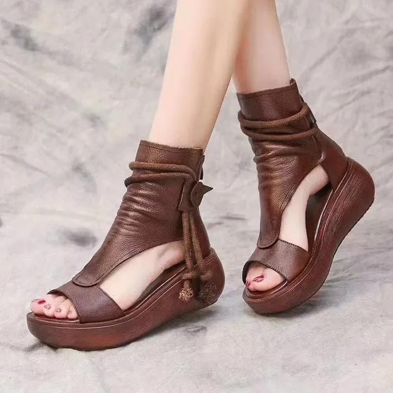 Ladies Vintage PU Leather Cool Boots Fashion Women Sandals Summer Mid Heels Wedges Shoe Sandalias Mujer Sapato Feminino