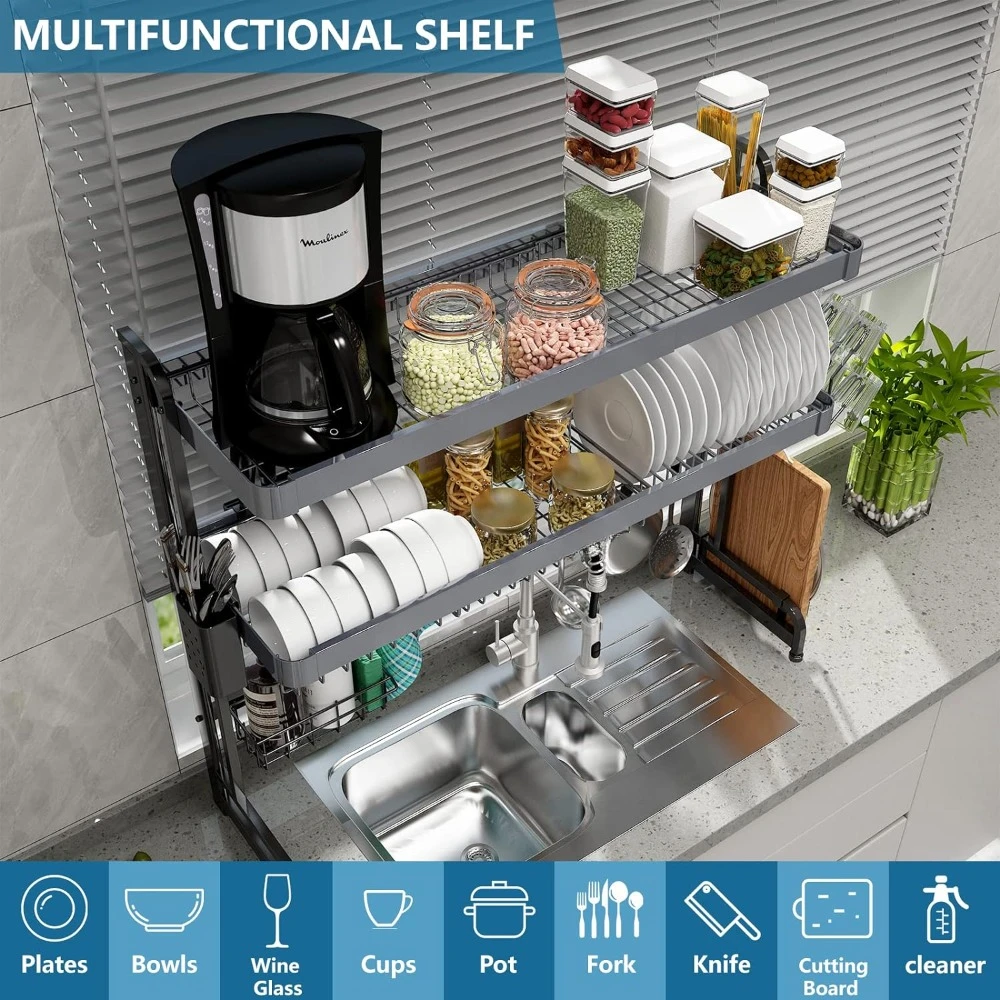 Over Sink Dish Drying Rack,3 Tier Adjustable Length (20.87''~37.6'') Stainless Steel Large Storage Kitchen Dish Rack kitchen