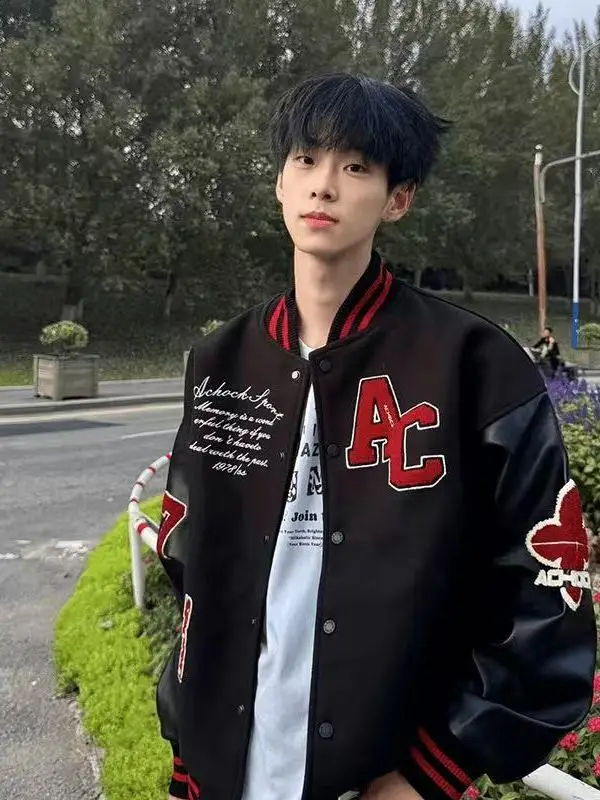 

Американский ретро Хай-стрит Бейсбольный джет Мужская весенне-осенняя свободная посадка с вышитыми буквами Повседневная верхняя одежда Модная