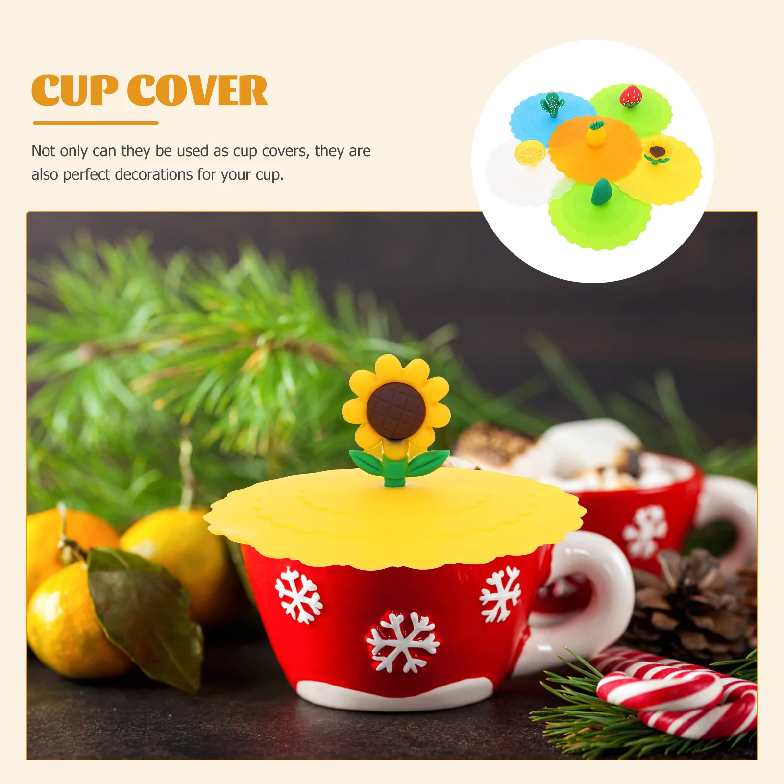 

6Pcs Silicone Mug Lids Cartoon Fruit Design Leakproof Cup Covers for Home Office Practical Sealing Covers Multipurpose