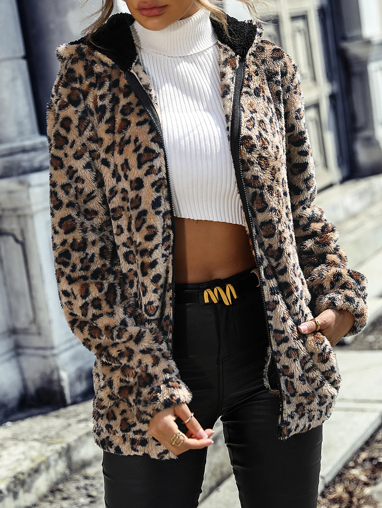 

Autumn Winter Women Fashion Female Zipper Coat Hooded Coats Long Sleeve Leopard Print Double-sided Plush Loose Warm Thick Jacket