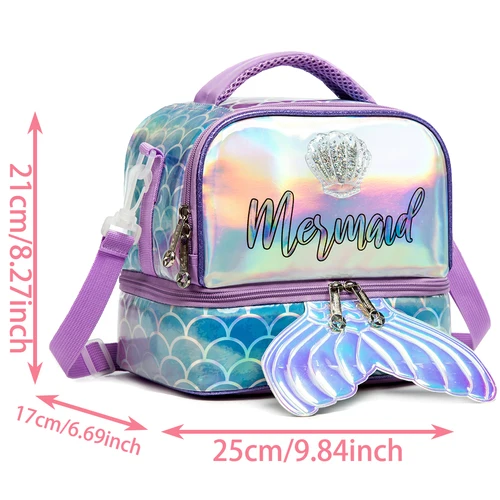 Imagen 2 del producto Fiambrera sirena para niñas de 5 a 12 años, caja Bento para niños con bolsa de hielo, fiambrera con botella de agua de acero inoxidable