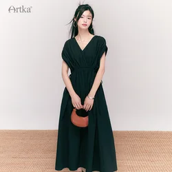 ARTKA 2023 Summer New Women Dress Elegant Loose V-Neck Solid Dress High Waist Drawstring Short Sleeve Black Long Dress LA92139X