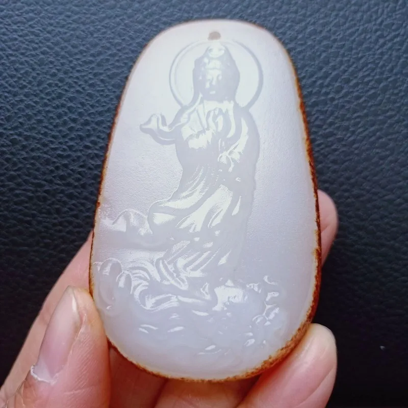 

Natural Chinese White Jade with Leather Hand Carved Buddha Pendant Fashion Boutique Jewelry Men and Women Necklace Popular Gift