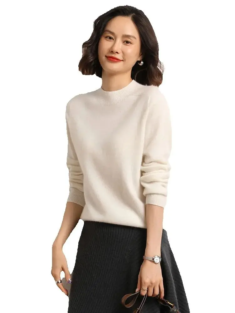 

Grace Women's Simple Basics Style Mock Neck Pullover 100% Cashmere Knitted Sweater Chic Autumn Winter Bottom Sweater New Tops