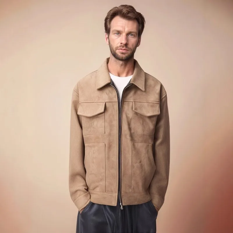2025 Men's Clothing Coats New Jackets Casual Trendy Big Pocket Spliced Lapels Zippers Top Deerskin Velvet Coat Mens Spring Loose