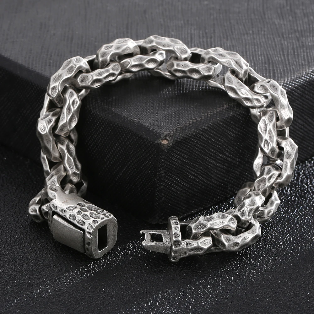 Unique Deisgn Stainless Steel Square Chain Bracelets for Men Boy Fashion Vintage Tapping Pattern Wristband Bangles Party Jewelry