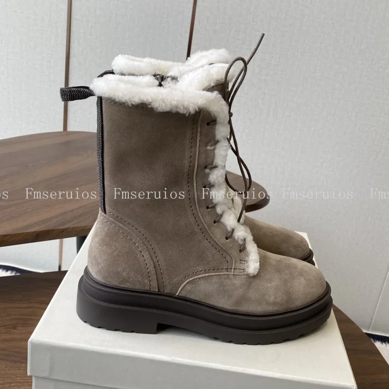 Fashion Women Mid Calf Boots Round Toe Thick Sole Top Quality Boots Zipper Genuine Leather Plush Warm Concise Short Boots Winter