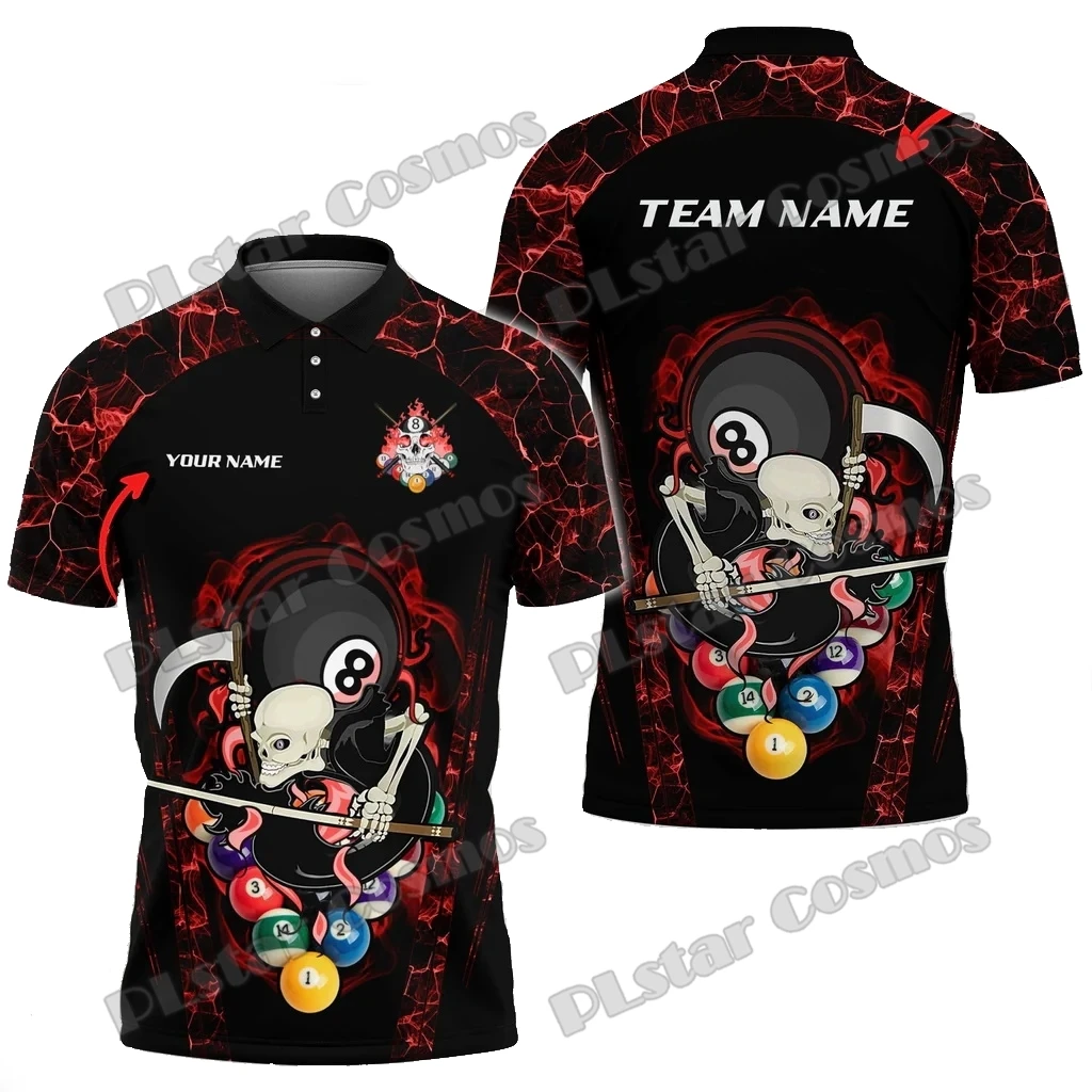 PLstar Cosmos Billiards 8 Ball Skull Personalized Name 3D Printed Fashion Men's Polo Shirt Summer Casual Polo Shirt POL161