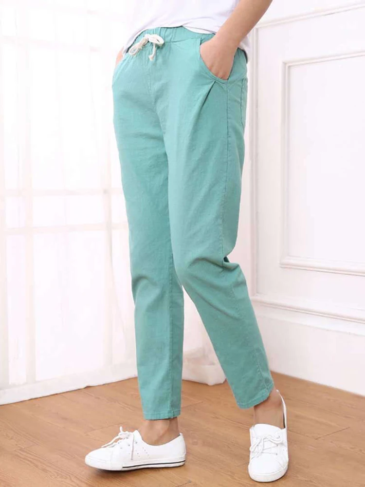 JMPRS 100% Cotton Linen Women Pants Summer Drawstring Ankle-Length Pants Elastic Waist Thin Solid Korean Fashion Ladies Trousers