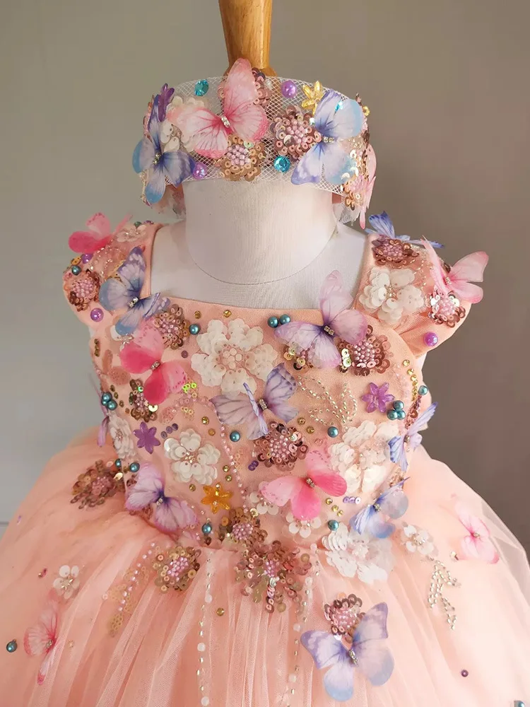 Lussuose ragazze principessa fiore farfalla perla Tulle fata vestito bambini abito da sposa bambino neonato festa di compleanno abiti per bambini