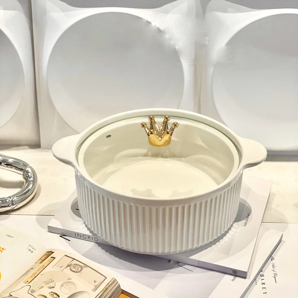 

Household Double Ear Soup Bowl Ceramic Large Soup Bowl Home White Large Capacity Rice Soup Basin Soup Bowl With Handle ZF694