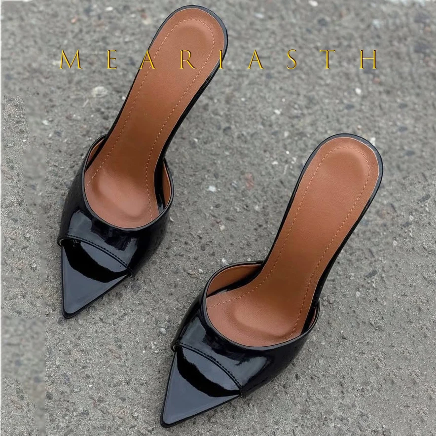 

2025 Women patent leather High-heels Fashion Stiletto High Heels Slippers Flip Flops Woman Pointed Open Toe Slides Party Shoes