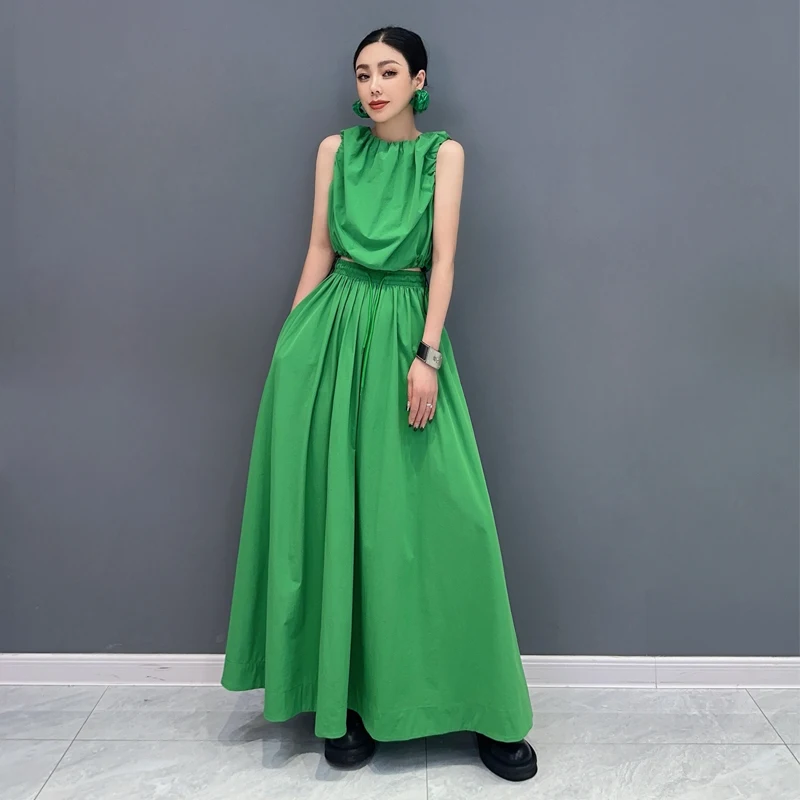 

2024 Summer New Women Green Dress Set Sleeveless Drawstring Short Top + Large Hem Long Skirt Two Piece Set LX998