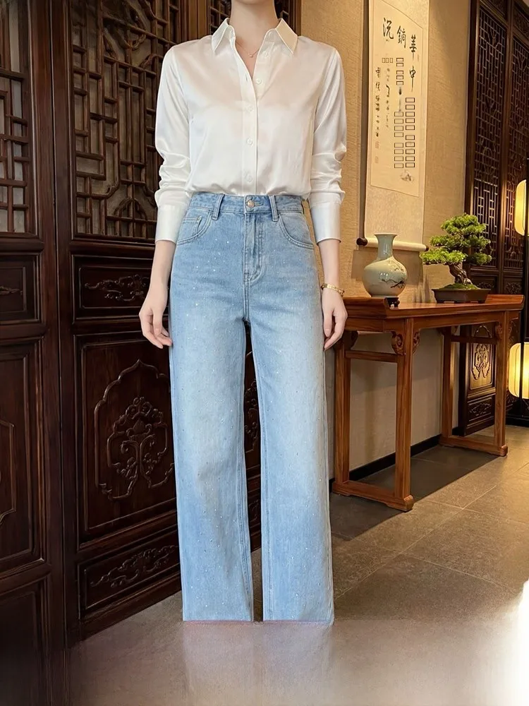 

Светло-голубые джинсы с высокой талией и широкими штанинами, женские, повседневные, в пол, прямого кроя, с алмазной отделкой, весенняя новинка