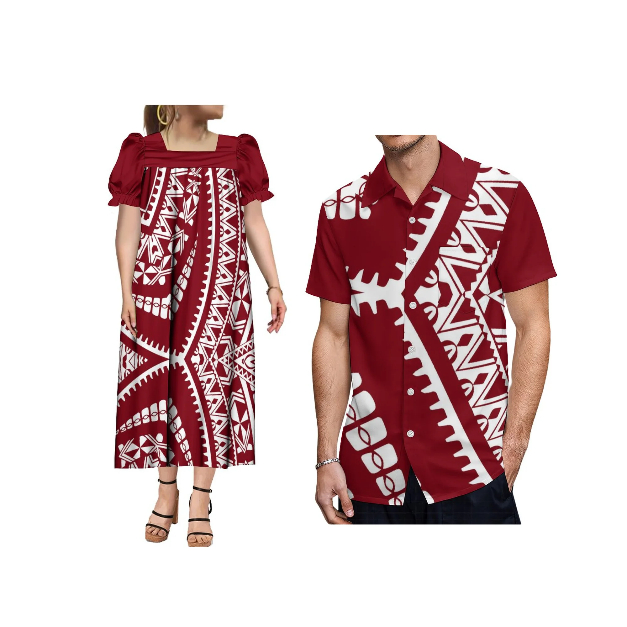 Customized Polynesian Design Micronesia Mumu And Mens Shirts  Puffy Dresses Women Couples Matching Outfits