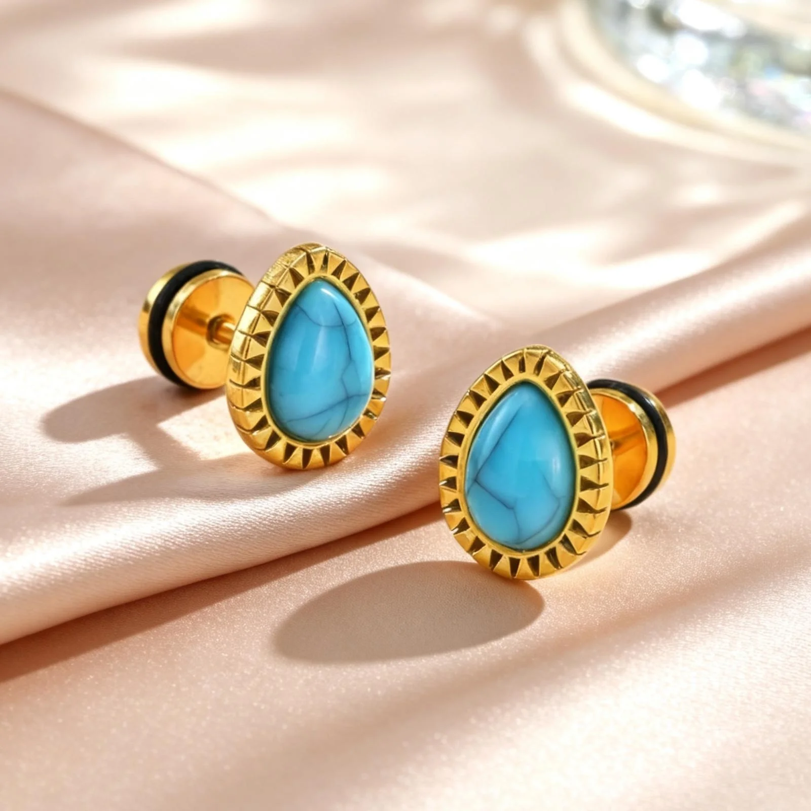 Vintage Water Drop Shaped Blue Natural Stone Stud Earrings Natural Turquoise Stainless Steel Earrings for Women Boho Jewelry