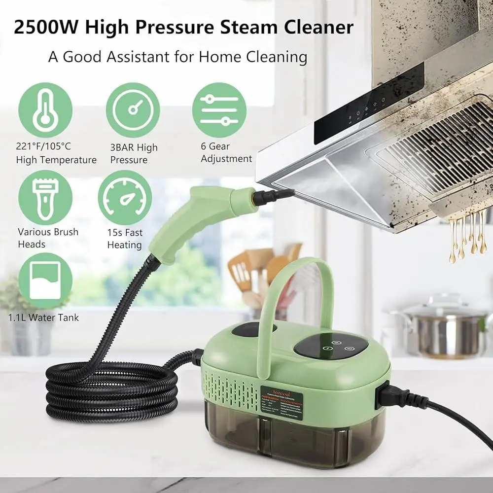 Портативный ручной пароочиститель 2500 Вт, регулируемый паровой очиститель высокого давления, 1,1 л, резервуар для воды, 15 с, быстрый нагрев, универсальная глубокая очистка