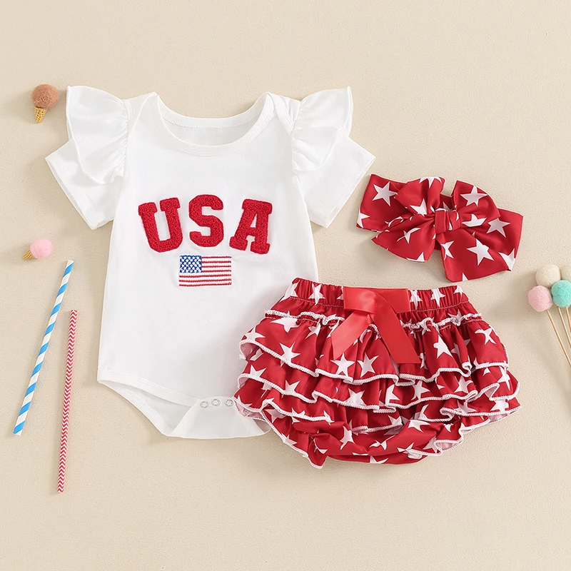 

Newborn Baby Girl 1st 4th of July Flying Sleeve Romper Star Print Tutu Bloomer Shorts Headband Summer 3Pcs Outfit