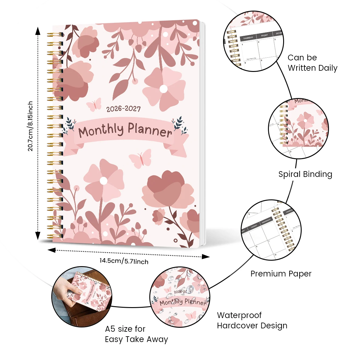 2026-2027 دفتر ملاحظات أسبوعي وشهري مقاس A5 - منظم من 2026 إلى ديسمبر 2027 مع التقويم والملاحظات واللوازم المدرسية والمكتبية