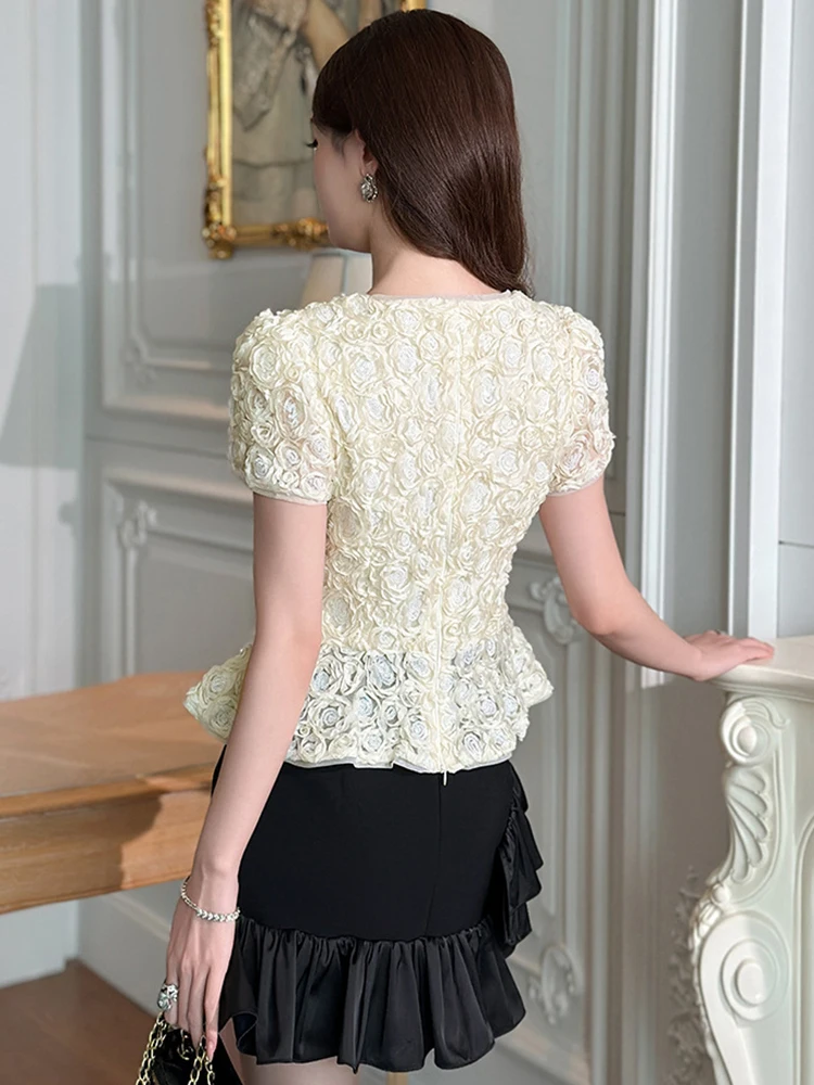 Nueva ropa de Mujer, blusa de perlas con cuello en V Floral rosa en 3D, Tops ajustados de encaje, camiseta Formal elegante a la moda para fiesta, camiseta informal de verano para Mujer