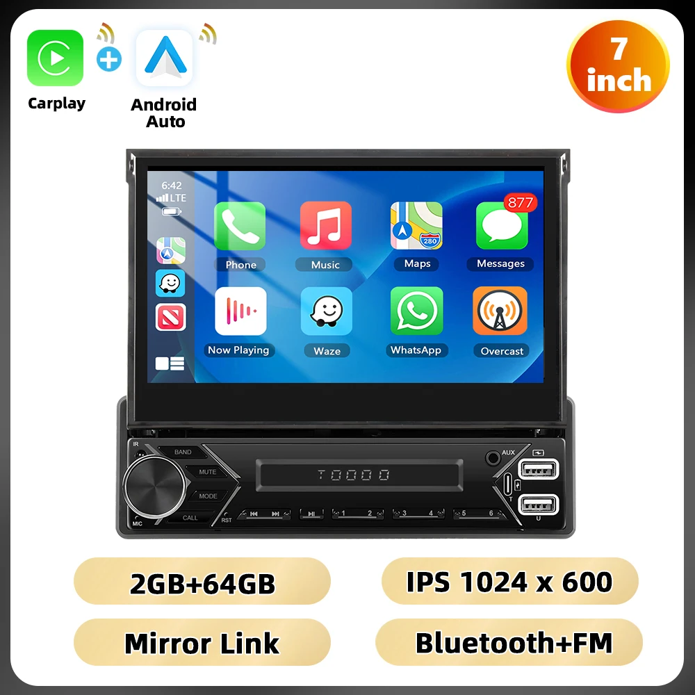 Podofo 7 ''Handmatige Intrekbare Scherm Autoradio 1din Mp5 Speler Bluetooth Fm Mirrorlink Aux Audio Usb & Type-C Poort Autoradio