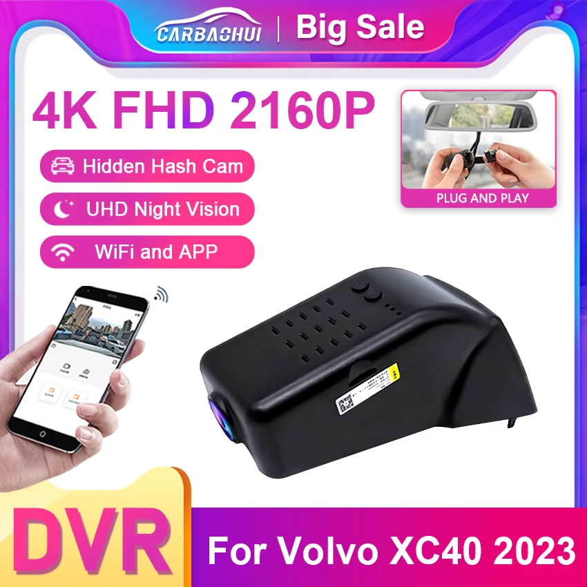 

4K Plug and Play WIFi Car DVR Video Recorder Dual Lens Dash Cam For Volvo XC40 2024 2023 2022 2021 DashCam Devices Accessories