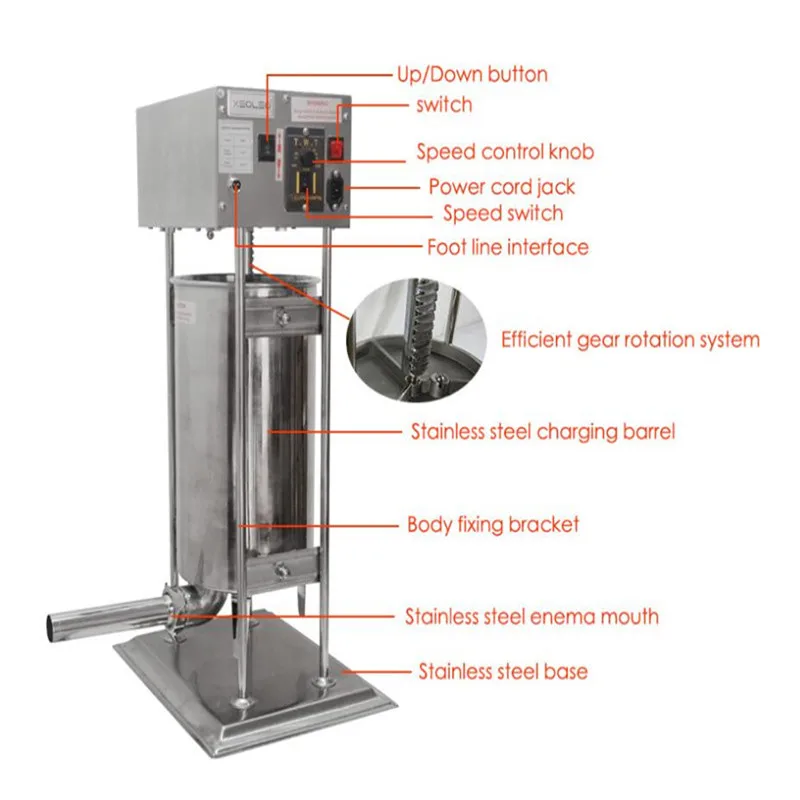소시지 채우기 핫도그 만들기 관장약 기계, 상업용 자동 전기 스테인리스 스틸 소시지 채우기, 10L