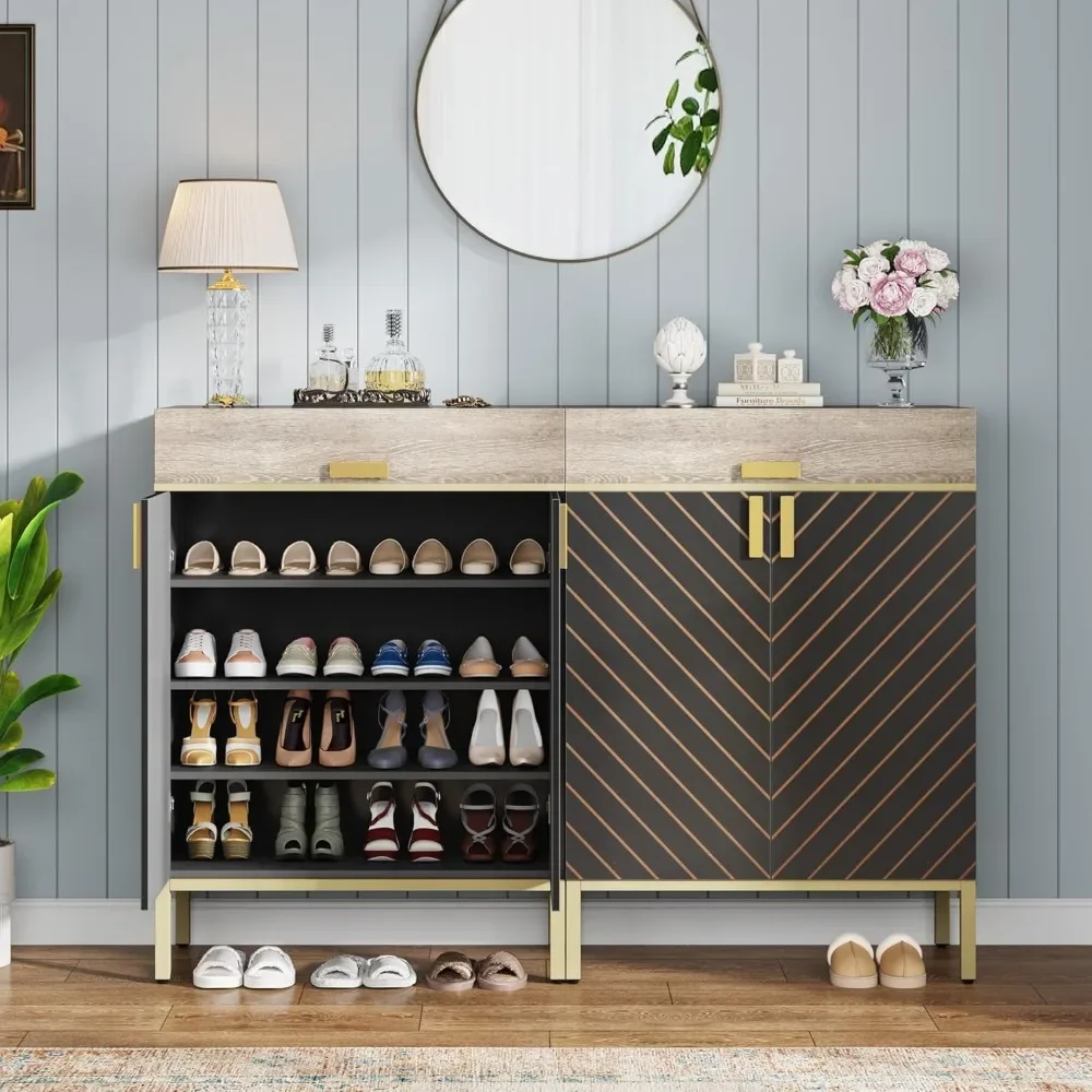 4-Tier Shoe Cabinet with Drawers & Adjustable Shelves, Wooden Shoe Storage Cabinet with Doors for Entryway Foyer Hallway