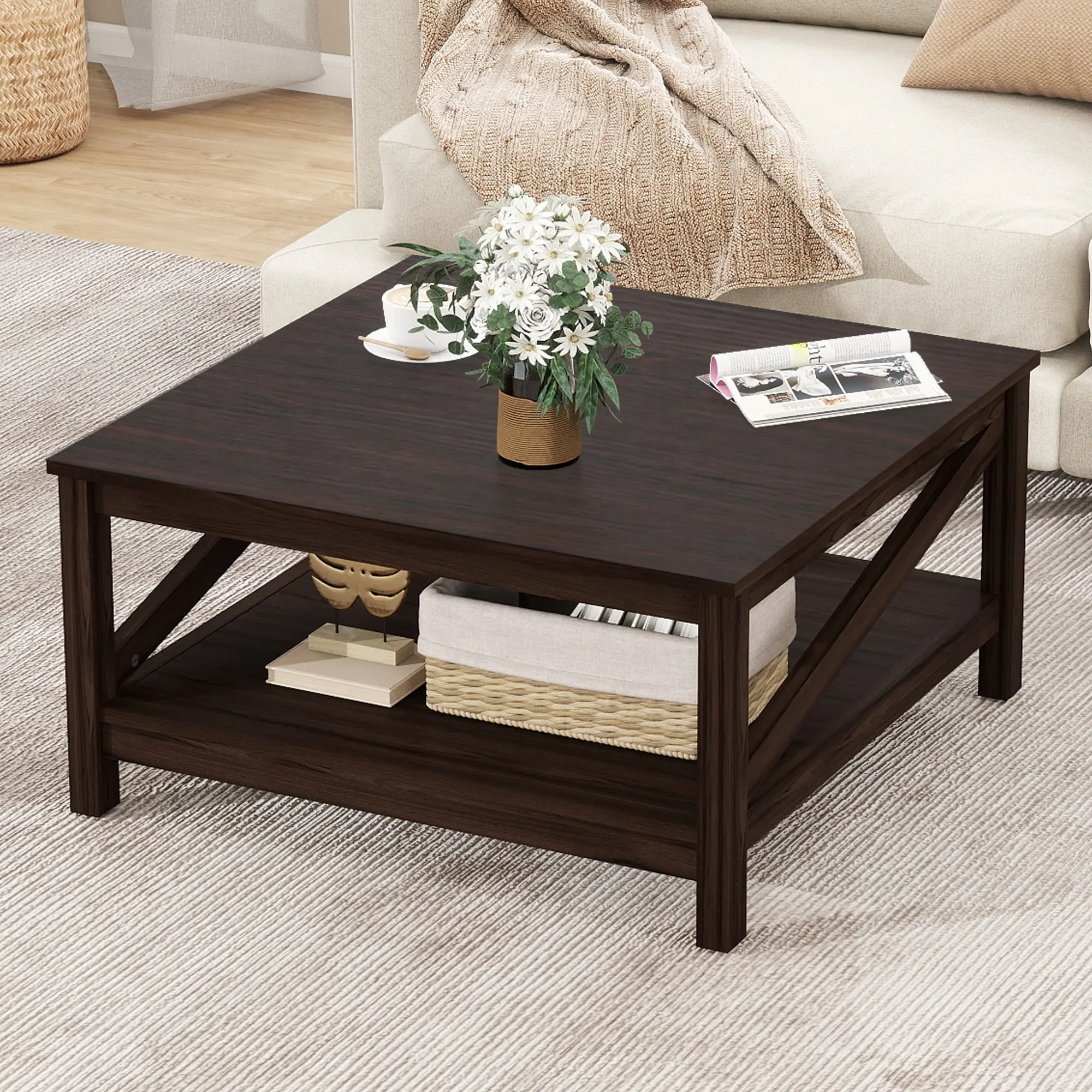 Farmhouse Coffee Table Square Wood Center Table End Table with Open Storage Shelf for Living Room