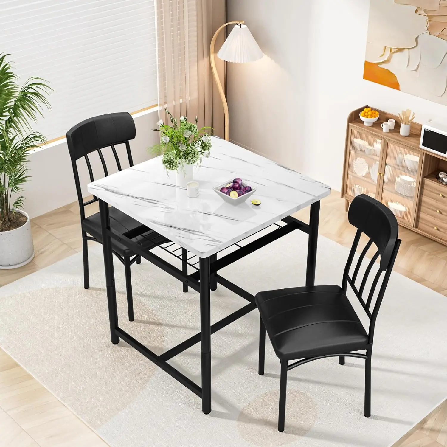 Lamerge 3-Piece Marble Table And Chairs Set, Kitchen Table And Leather Chairs For 2 People, Built-In Wine Rack For Small Space,