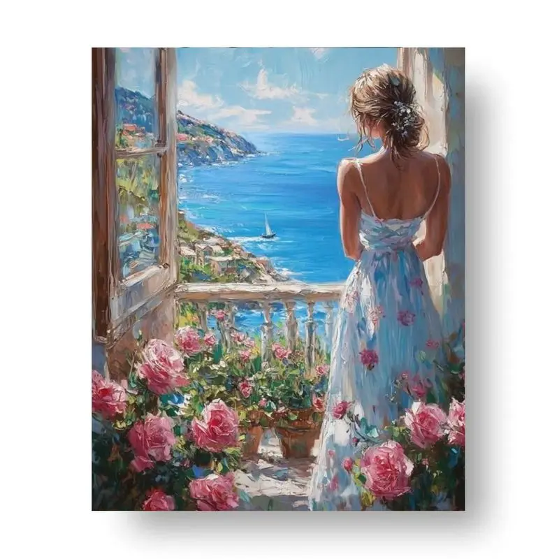 CHENISTORY Kit Pittura a Numeri Fai da Te Donna sul Davanzale, Quadro su Tela Dipinto a Mano, Regalo per la Casa