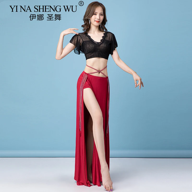 Traje de danza del vientre para mujer, Top Sexy, falda larga dividida elegante, práctica de Baile Oriental, traje de entrenamiento de rendimiento, ropa para mujer