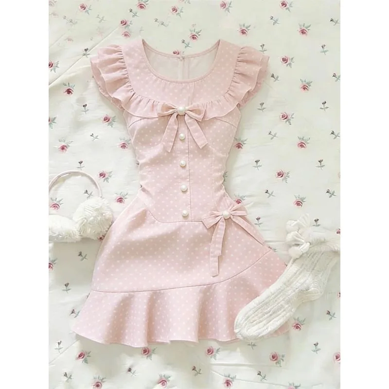 

Women Sweet Mini Dress Lolita Cute Fashion Chic Short Dress Korean Casual Polka Dot Bow Dress Summer Japanese Women Vestidos Y2k