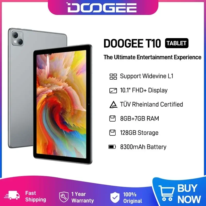 

DOOGEE T10 Tablet 10.1" FHD+ TÜV Rheinland Certified Display 8GB+128GB Octa Core Widevine L1 Android 12 Pad 13MP Camera 8300mAh