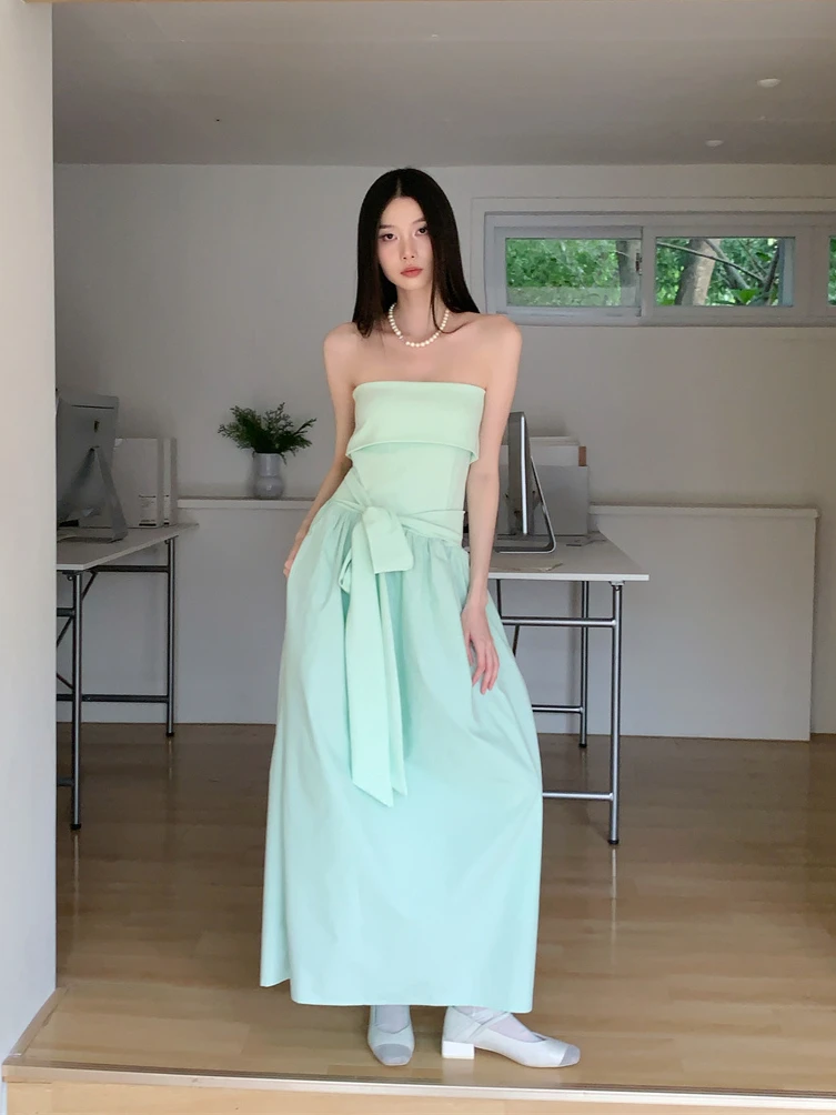 Mint Green Strapless Backless Bow Maxi Dress