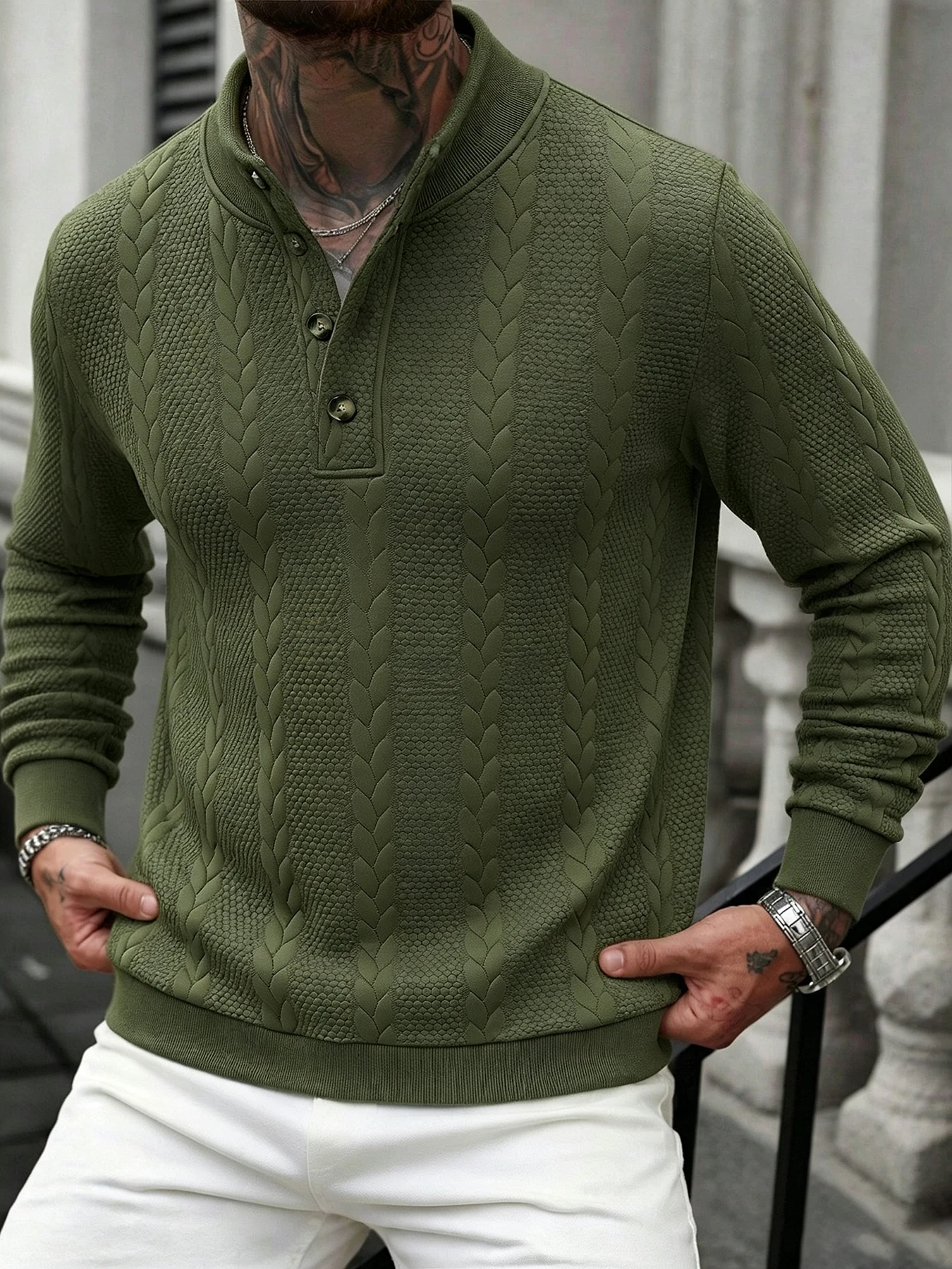 Men's Wheat Ear Embossed Half-Zip Stand Collar Long-Sleeve Sweatshirt, Army Green Textured Henley Collar Top, Spring and Autumn Loose Fit Casual Versatile Men's Base Shirt