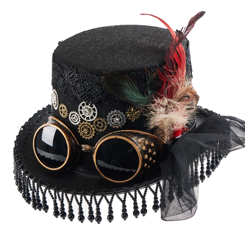 Vintage Top Hat Steam Punk Red Black Lace Hats Gothic Gears Feather Goggles Fedora Party Halloween Costumes Fandy Dress