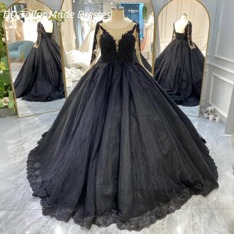 Luxury Black Gothic Wedding Dress Ball Gown Beaded Lace Appliques Sheer Long Sleeves Open Back Bridal Gowns Customized Vestidos