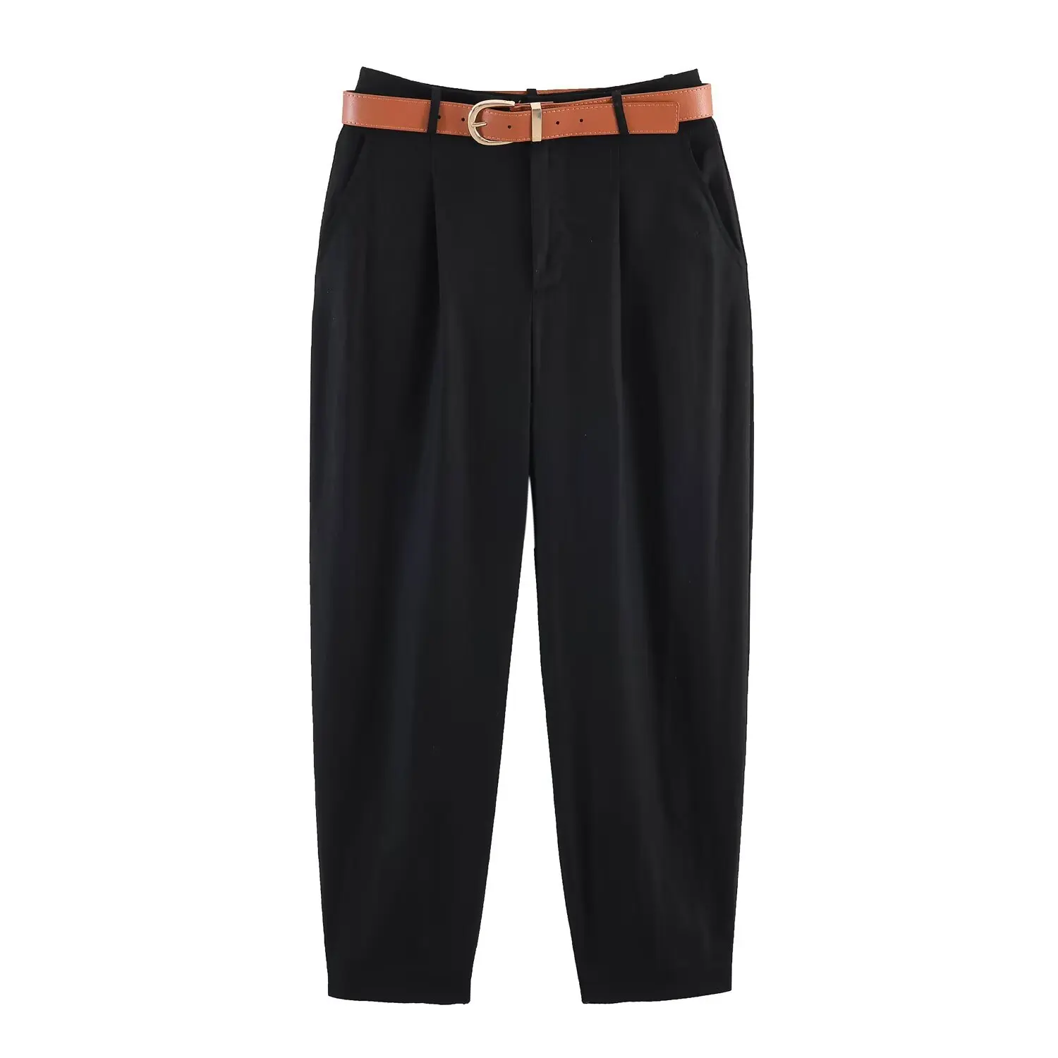 y2k Casual Slim Black 2026 Spring New Fashionable Blended Pleated Pants with Belt