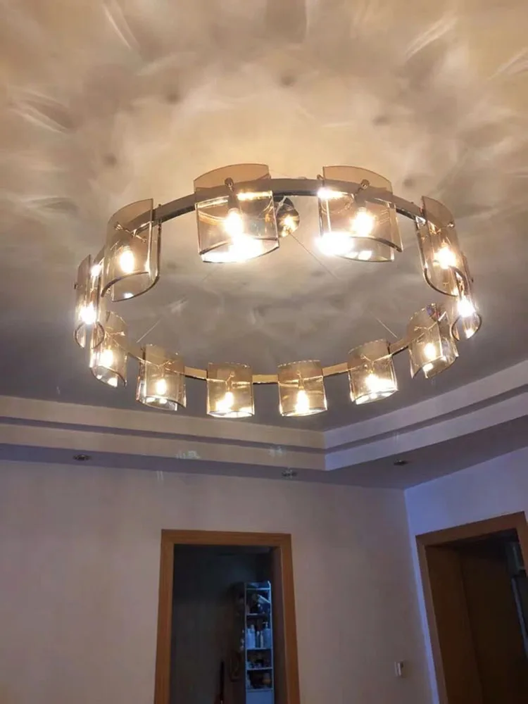 

American LED glass glossy chandelier simple living room bedroom post-modern light luxury ring restaurant home G9 chandelier