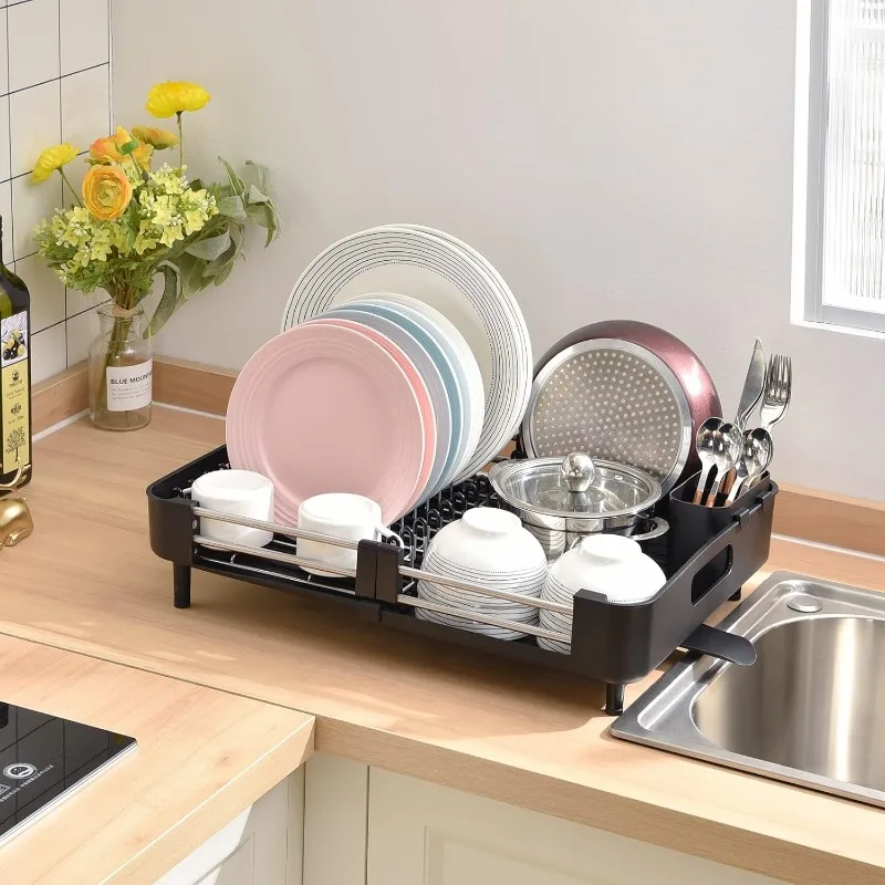 Extendable Dish Rack, Dual Part Dish Drainers with Non-Scratch and Movable Cutlery Drainer and Drainage Spout, Adjustable Dish