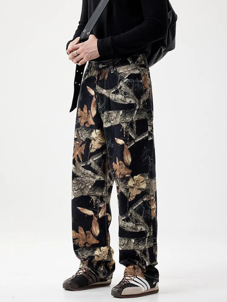 جينز رجالي مطبوع عليه جرافيتي أمريكي بأقليات واسعة الساق جينز فضفاض مستقيم متدلي عصري من القطن للربيع والصيف