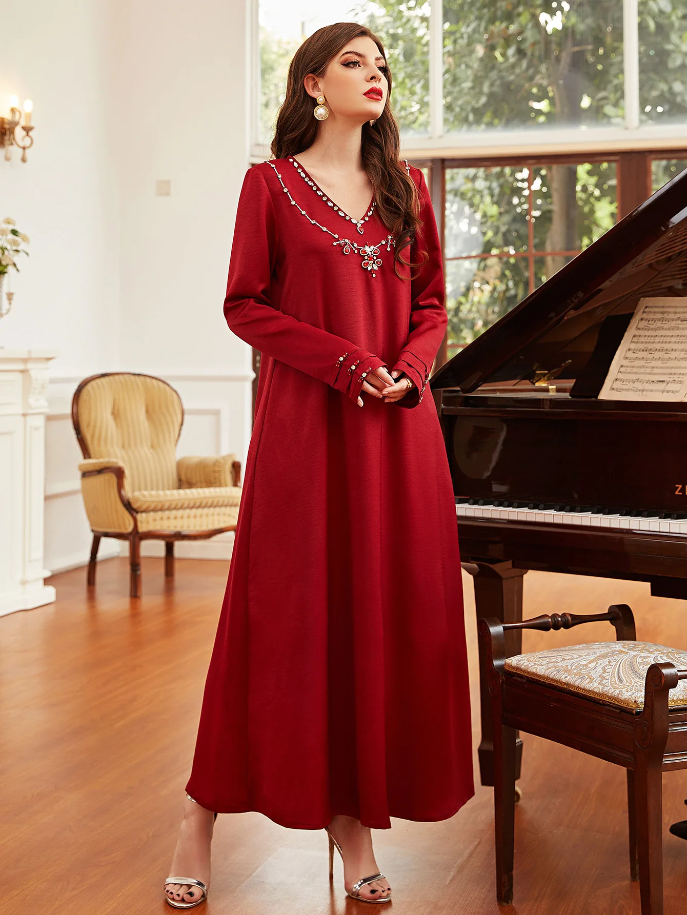 Fashion Muslim Dubai Hijab Dress For Women Eid 2021 Hand Stitch Diamond Abaya Moroccan Turkey Arabic Oman Clothing Red