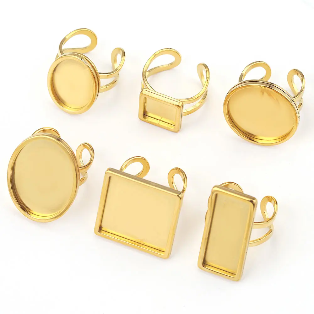 4pcs/lot Gold Stainless Steel Open Ring Settings Flat Blank Base Large Round Oval Resin Cabochons Tray Ring Bezel Jewelry Making