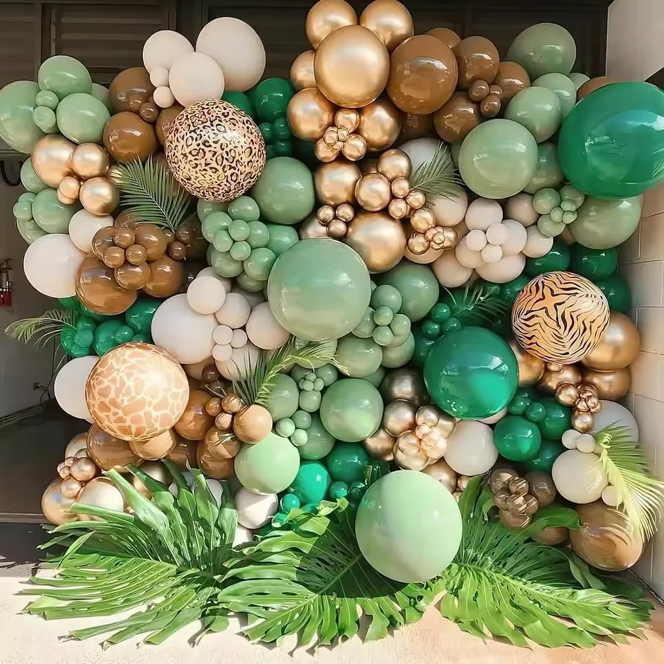 127Pcs Sage Green and Brown Wildlife Style Balloon Set, Olive Green Balloon with Artificial Leaves, Outdoor Birthday Party Decor view 4