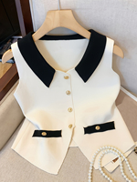 Dual Tone V-Neck Knit Vest for Women Chic Spring/Summer/Fall Sleeveless Top with Decorative Buttons Pearls Casual Sophisticated