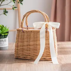 Vintage Women Handbag Charming Rectangle Woven Handbag with Bowknot Wicker Female Concise Woven Bag Summer Casual Beach Bag