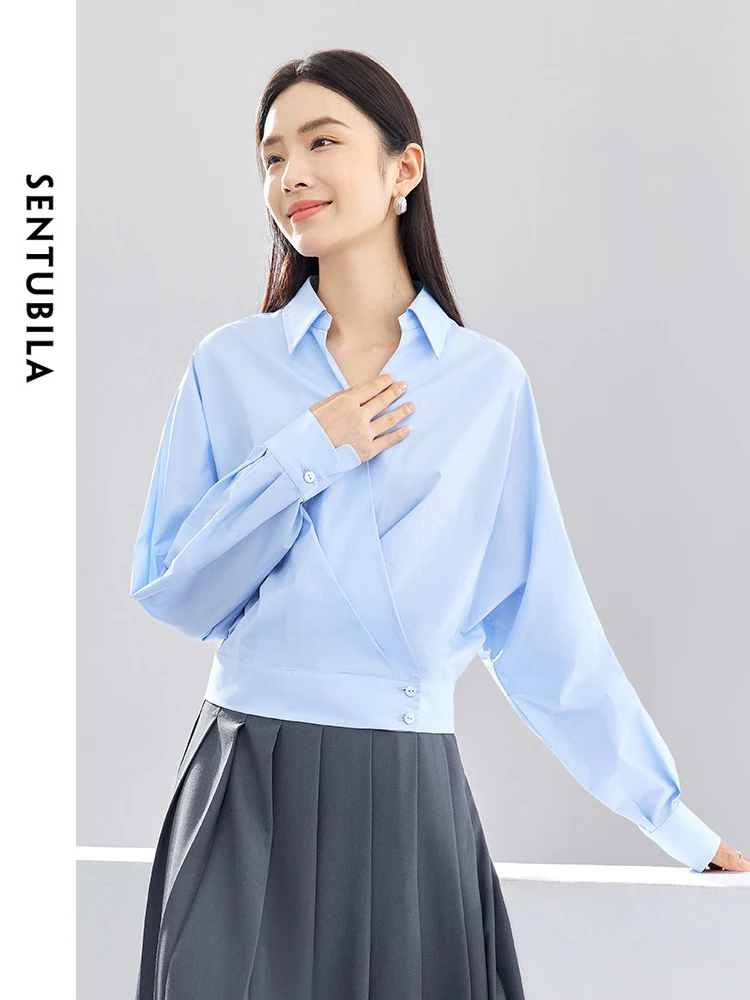 SENTUBILA V-neck Casual Short Loose Blue Shirt 2024 Batwing Sleeve Polo Collar Spring Shirts & Blouses Womens Tops 141C52887