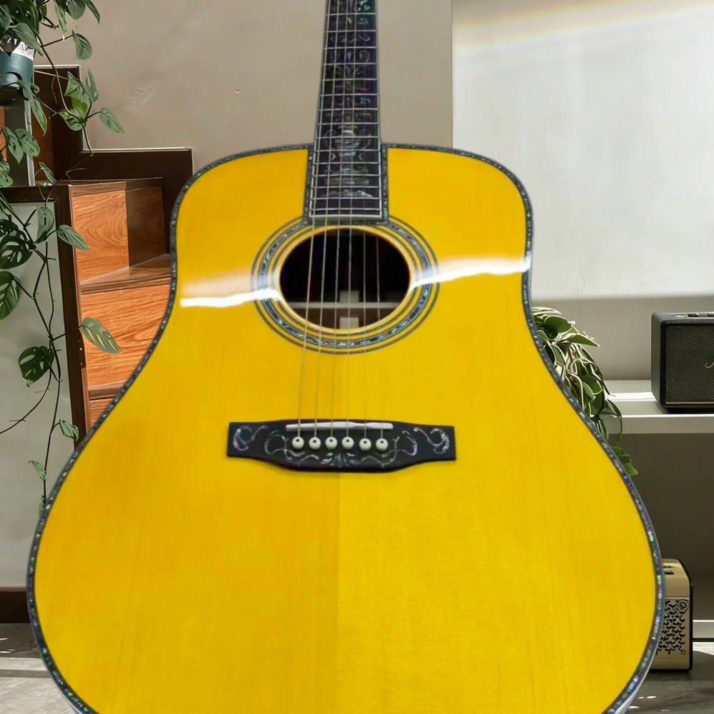 

41-дюймовая акустическая гитара желтого цвета, серия D45, цельный верх, простой дизайн, корпус из сосны Asperata, гриф из черного дерева, для кантри-музыки, бесплатная доставка